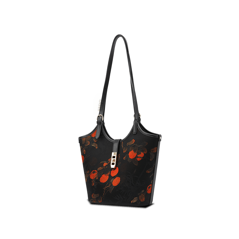 Xiangyunsha Silk Leather Printed Persimmon Bucket Bag - SinoCultural -- YS120762
