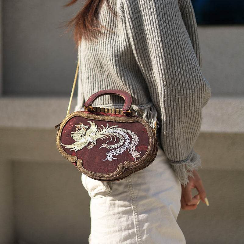 Ultra-Light Ruyi Phoenix Embroidery Handbag Recycled Fabric with Hualuo Silk 205g - SinoCultural -- GD1212