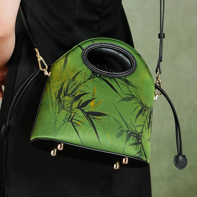 Xiangyunsha Silk Bamboo Green Drawstring Bucket Bag - SinoCultural -- YS120670-2 -