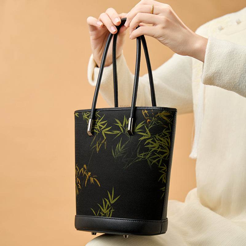 Xiangyunsha Silk Black Bamboo Print Crossbody Bucket Bag - SinoCultural -- P110608 -