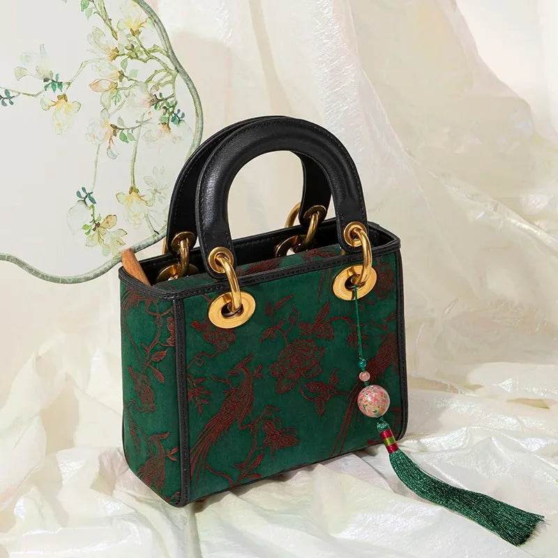 Xiangyunsha Silk Green Retro Cowhide Handbag with Pendant - SinoCultural -- KM-0126-S3