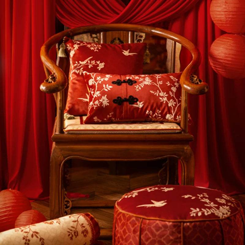 Chinoiserie Rose Moonlight Chinese Red Festival Lumbar Pillow - SinoCultural -- WP014A01