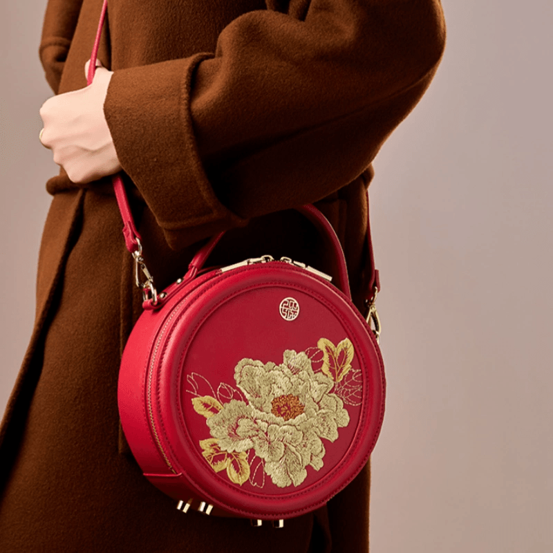 Embroidery Leather Round Handbag High Luxury Royal Gold Peony - SinoCultural -- P110171