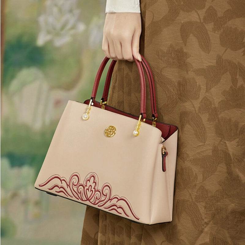 Embroidery Genuine Leather Elegant Crossbody Bag Veined Pattern - SinoCultural -- SC1753-A1