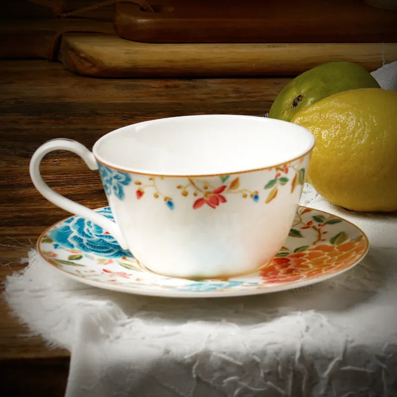 Front view of tea cup on saucer showing cup depth.