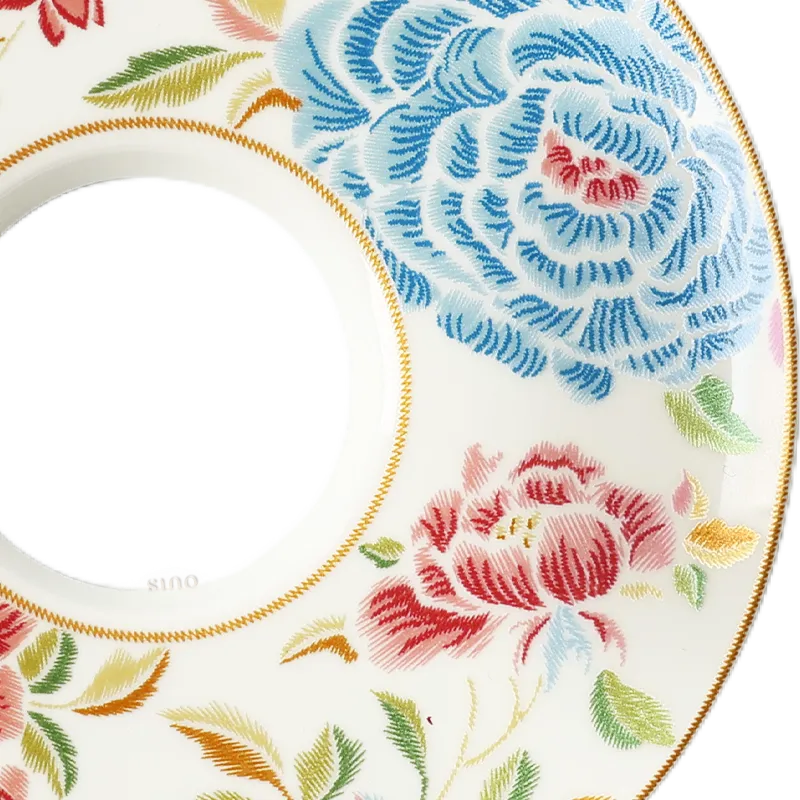 Right rim floral detail of Chinoiserie bone china tea cup saucer.