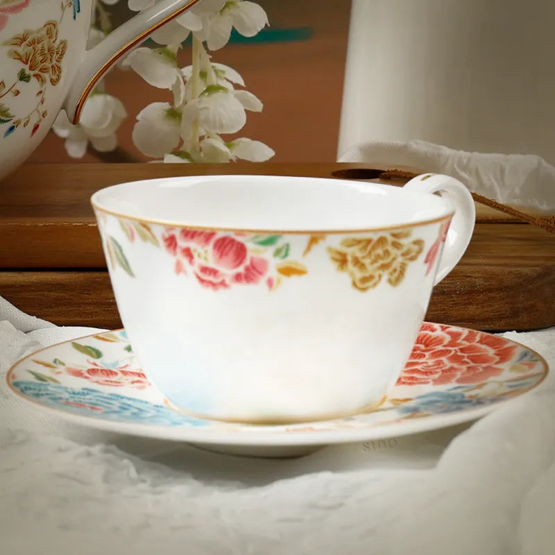 Side view of tea cup on saucer showing cup depth.