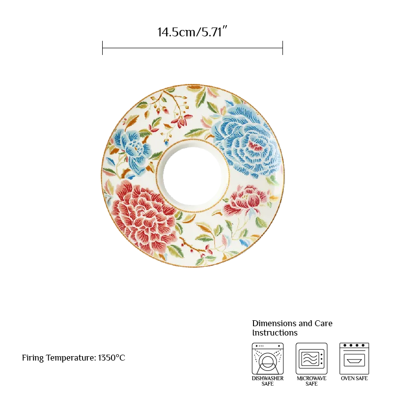 5.7’’ Chinoiserie tea cup saucer with size guide, 14.5 cm diameter.