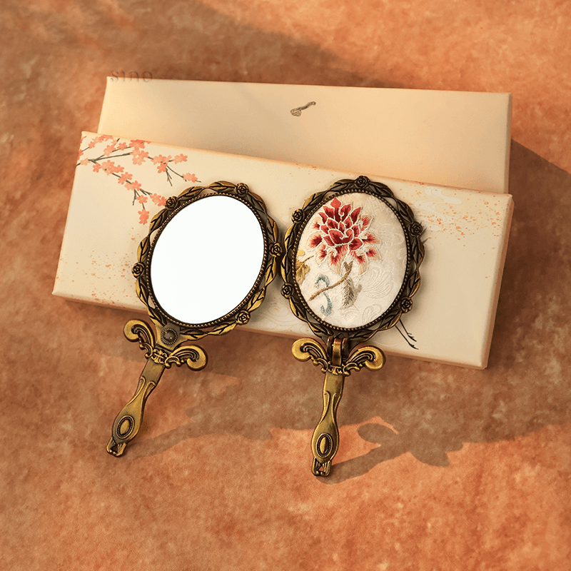 Limited Edition Hand Embroidery Handheld Makeup Beauty Metal Mirror - SinoCultural -- MIR028