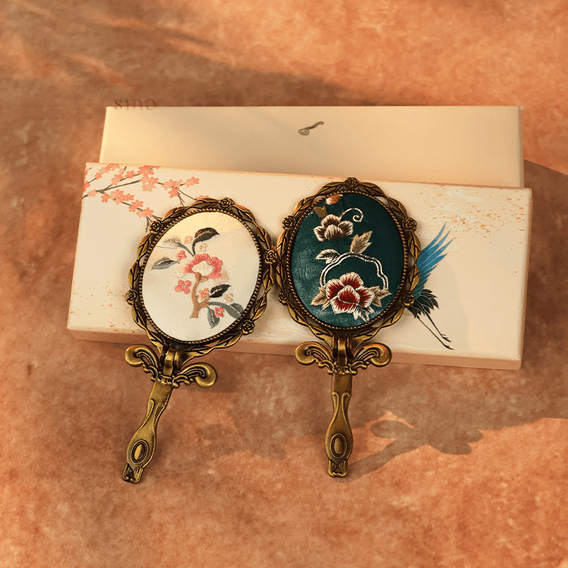 Limited Edition Hand Embroidery Handheld Makeup Beauty Metal Mirror - SinoCultural -- MIR028