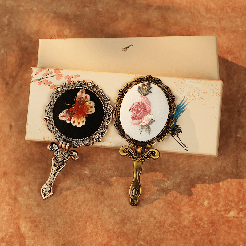 Limited Edition Hand Embroidery Handheld Makeup Beauty Metal Mirror - SinoCultural -- MIR013