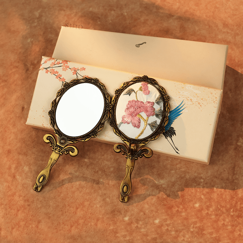 Limited Edition Hand Embroidery Handheld Makeup Beauty Metal Mirror - SinoCultural -- MIR019