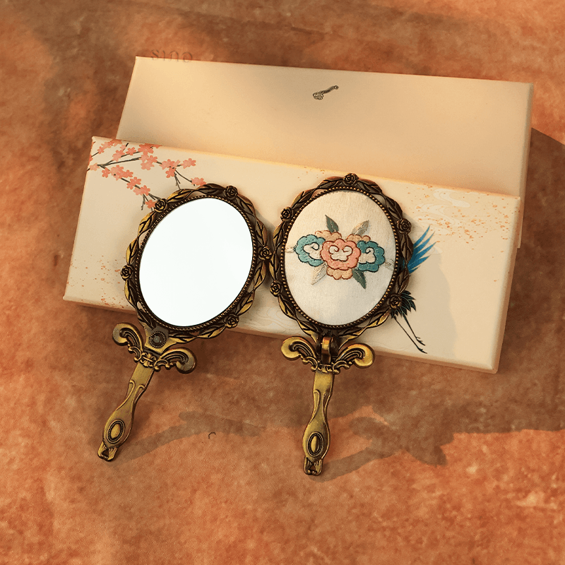 Limited Edition Hand Embroidery Handheld Makeup Beauty Metal Mirror - SinoCultural -- MIR019