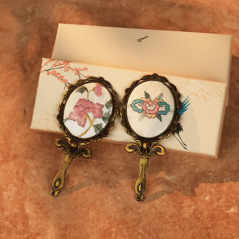 Limited Edition Hand Embroidery Handheld Makeup Beauty Metal Mirror - SinoCultural -- MIR019