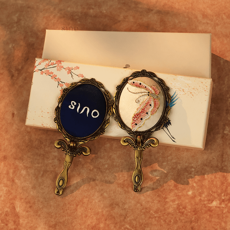 Limited Edition Hand Embroidery Handheld Makeup Beauty Metal Mirror - SinoCultural -- MIR011