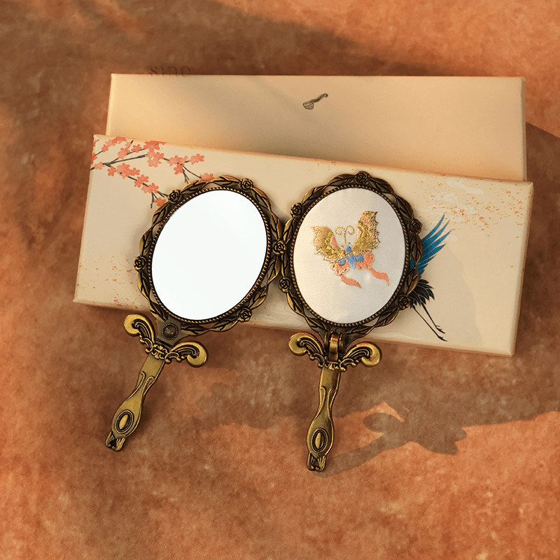 Limited Edition Hand Embroidery Handheld Makeup Beauty Metal Mirror - SinoCultural -- MIR018