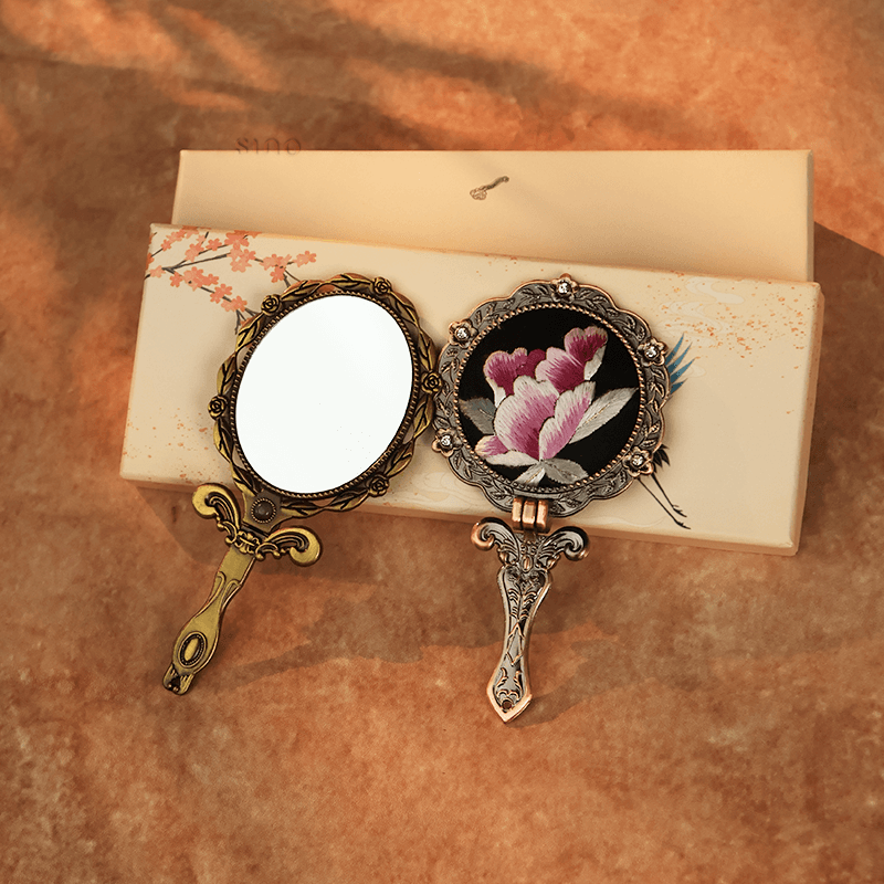 Limited Edition Hand Embroidery Handheld Makeup Beauty Metal Mirror - SinoCultural -- MIR016