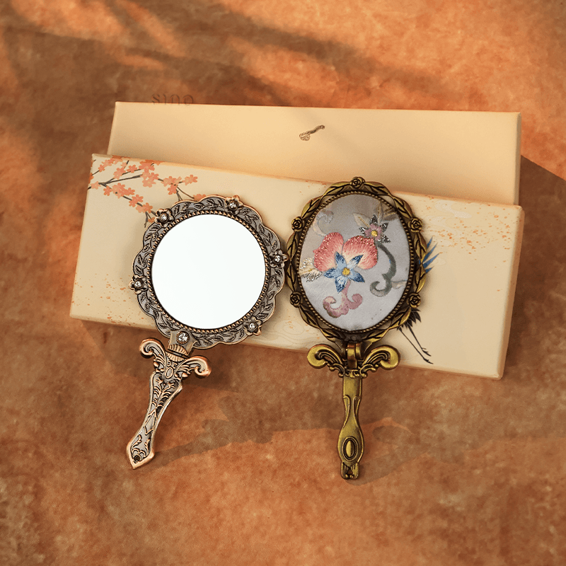 Limited Edition Hand Embroidery Handheld Makeup Beauty Metal Mirror - SinoCultural -- MIR016