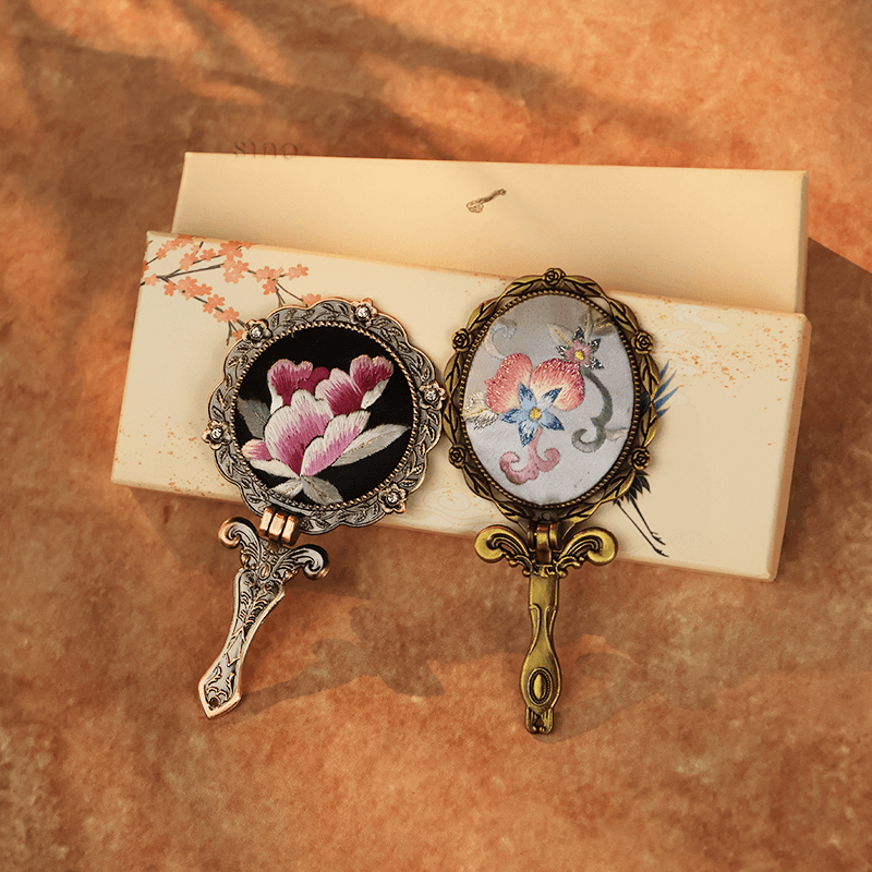Limited Edition Hand Embroidery Handheld Makeup Beauty Metal Mirror - SinoCultural -- MIR016