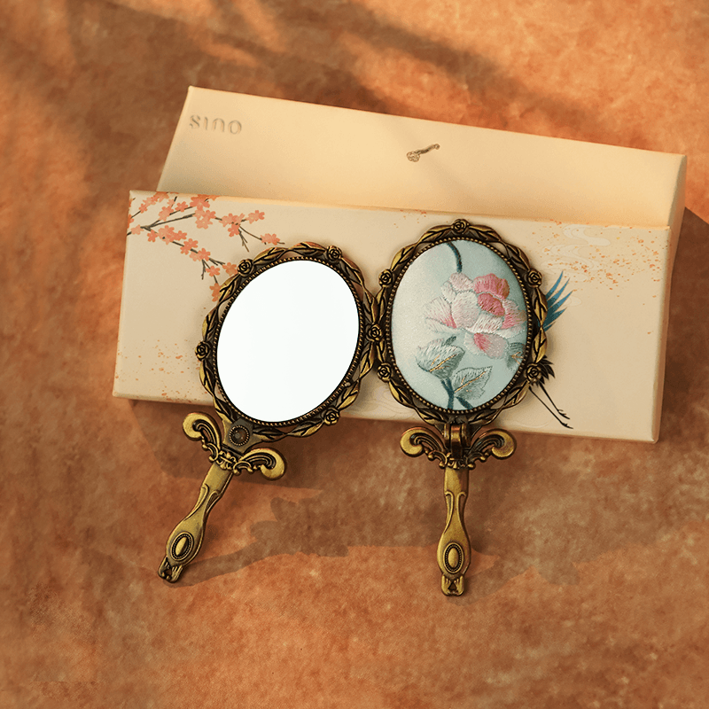 Limited Edition Hand Embroidery Handheld Makeup Beauty Metal Mirror - SinoCultural -- MIR022
