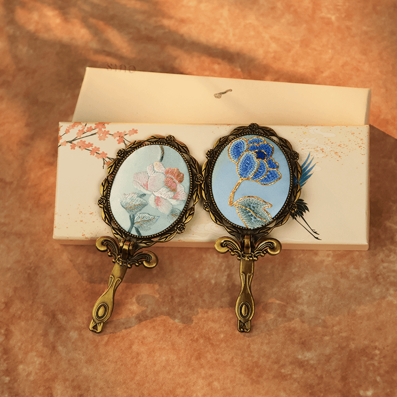 Limited Edition Hand Embroidery Handheld Makeup Beauty Metal Mirror - SinoCultural -- MIR022