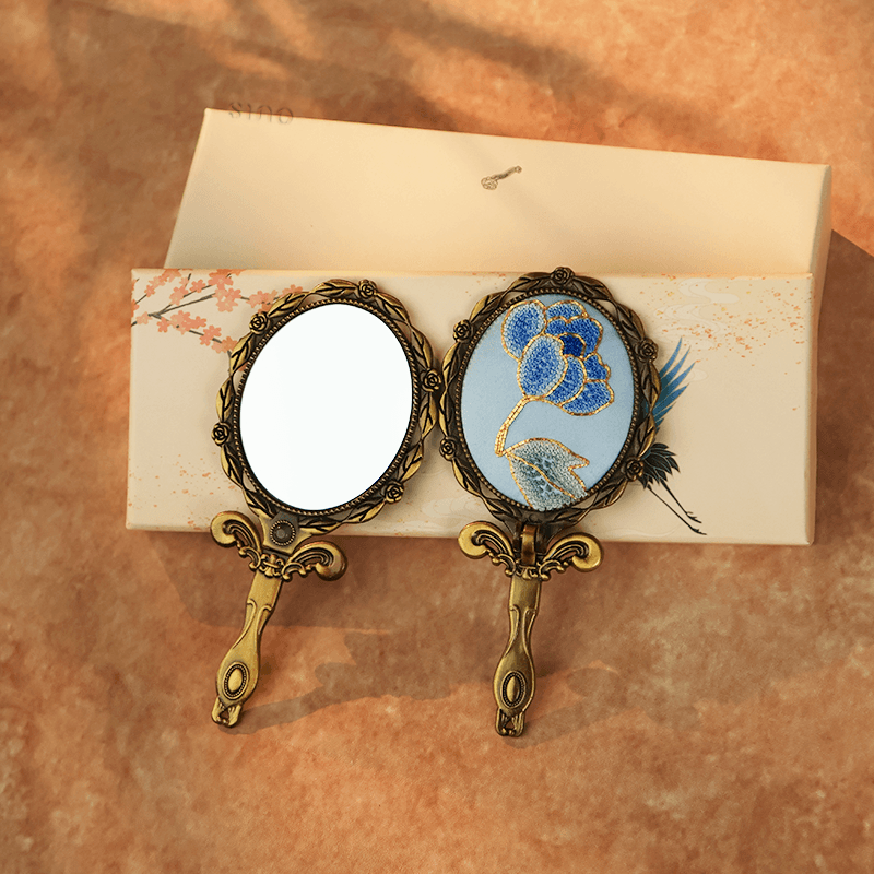 Limited Edition Hand Embroidery Handheld Makeup Beauty Metal Mirror - SinoCultural -- MIR022