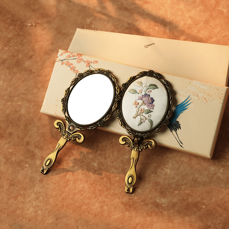 Limited Edition Hand Embroidery Handheld Makeup Beauty Metal Mirror - SinoCultural -- MIR021
