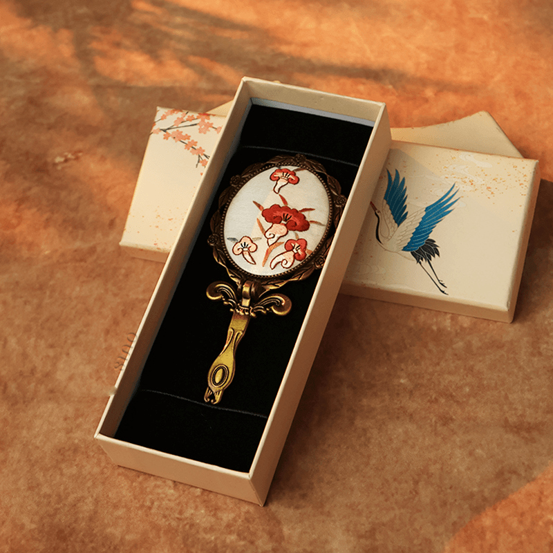 Limited Edition Hand Embroidery Handheld Makeup Beauty Metal Mirror - SinoCultural -- MIR027