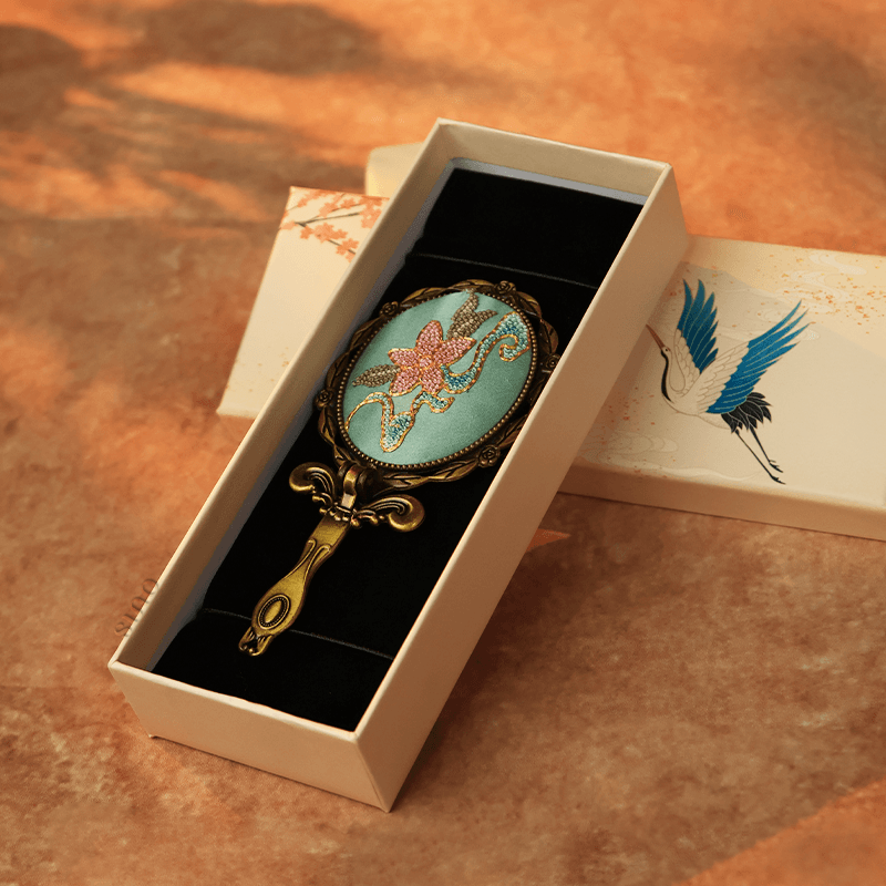 Limited Edition Hand Embroidery Handheld Makeup Beauty Metal Mirror - SinoCultural -- MIR020