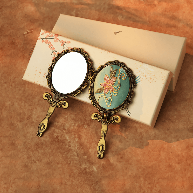 Limited Edition Hand Embroidery Handheld Makeup Beauty Metal Mirror - SinoCultural -- MIR020