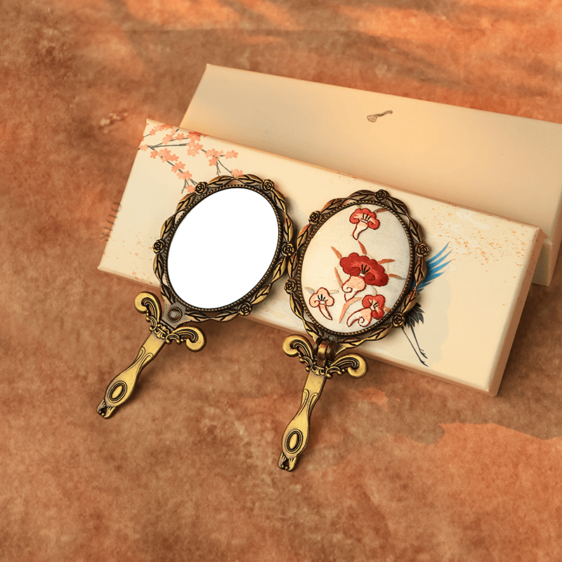 Limited Edition Hand Embroidery Handheld Makeup Beauty Metal Mirror - SinoCultural -- MIR027