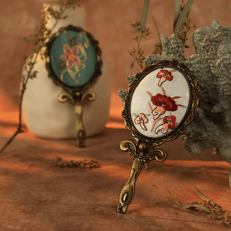Limited Edition Hand Embroidery Handheld Makeup Beauty Metal Mirror - SinoCultural -- MIR027