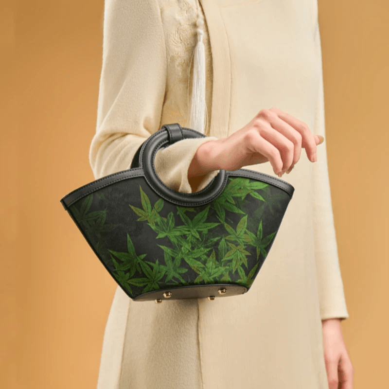 Xiangyunsha Silk Black Maple Leaves Basket Bag - SinoCultural -- P120497