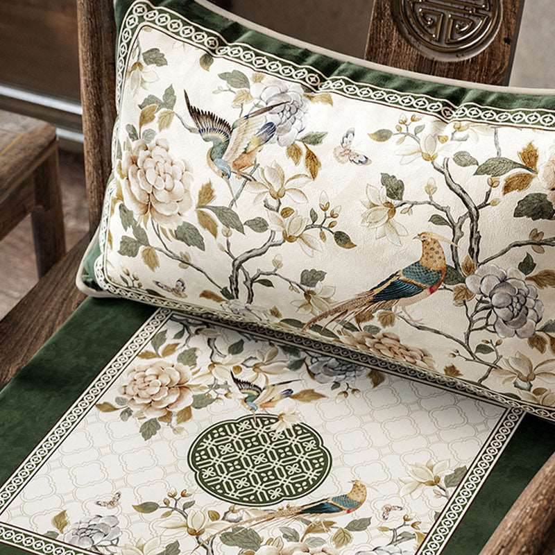 Chinoiserie Warm Spring Dark Green Flower and Birds Chair Cushion - SinoCultural -- SC012A38 -