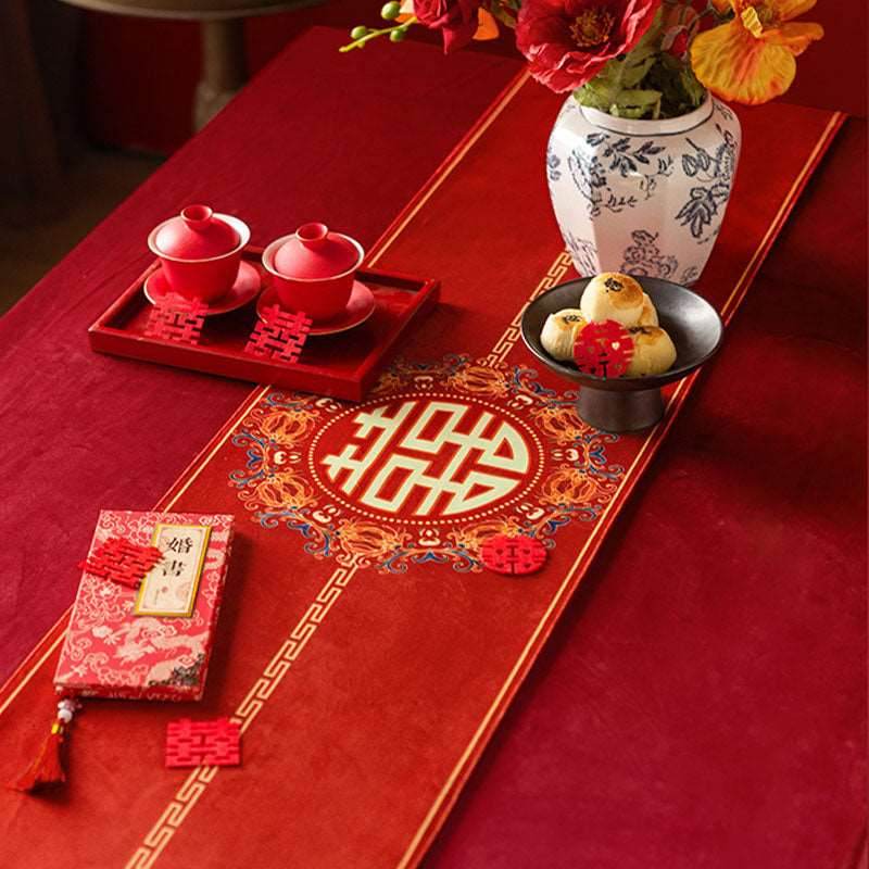 Chinoiserie Wedding Celebration Prosperity 囍(xǐ) Table Runner - SinoCultural -- TR010R160