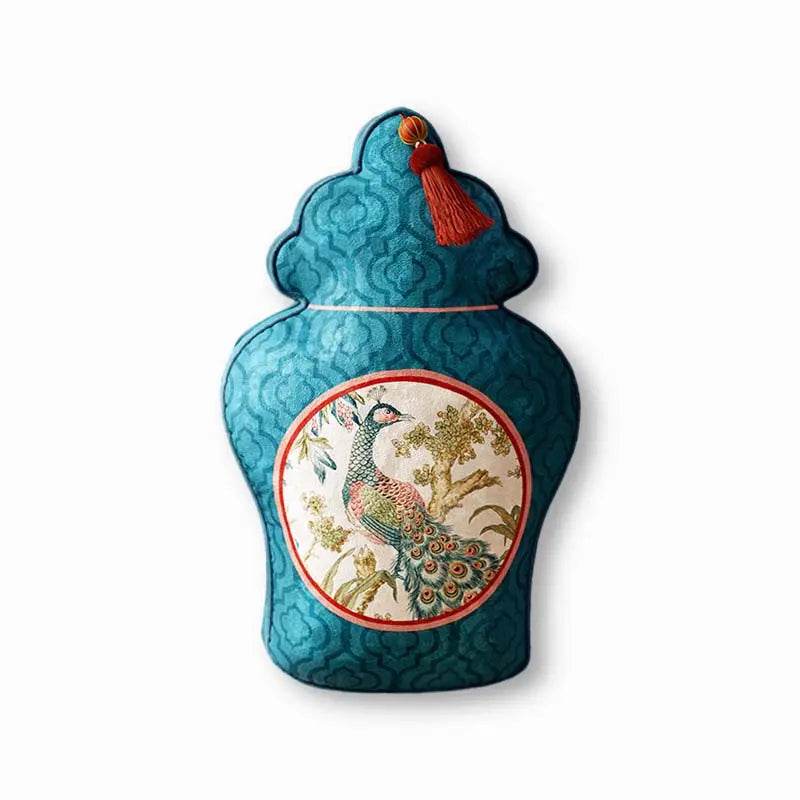 Chinoiserie Original Luxurious Vase-Shaped Peacock Lumbar Pillow - SinoCultural -- SJZBZ064A01