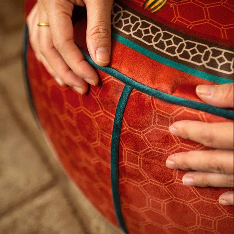 Chinoiserie Plush Joyful Red Sofa Ottoman Pouf - SinoCultural -- B48J0009-C