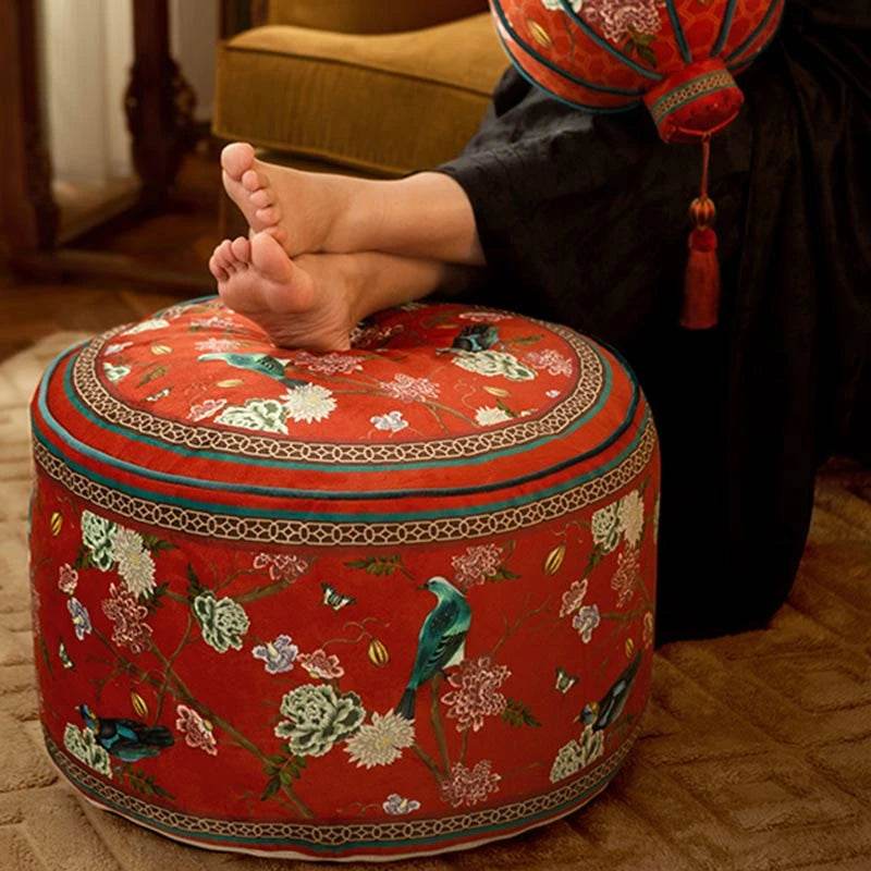 Chinoiserie Plush Joyful Red Sofa Ottoman Pouf - SinoCultural -- B48J0010-C