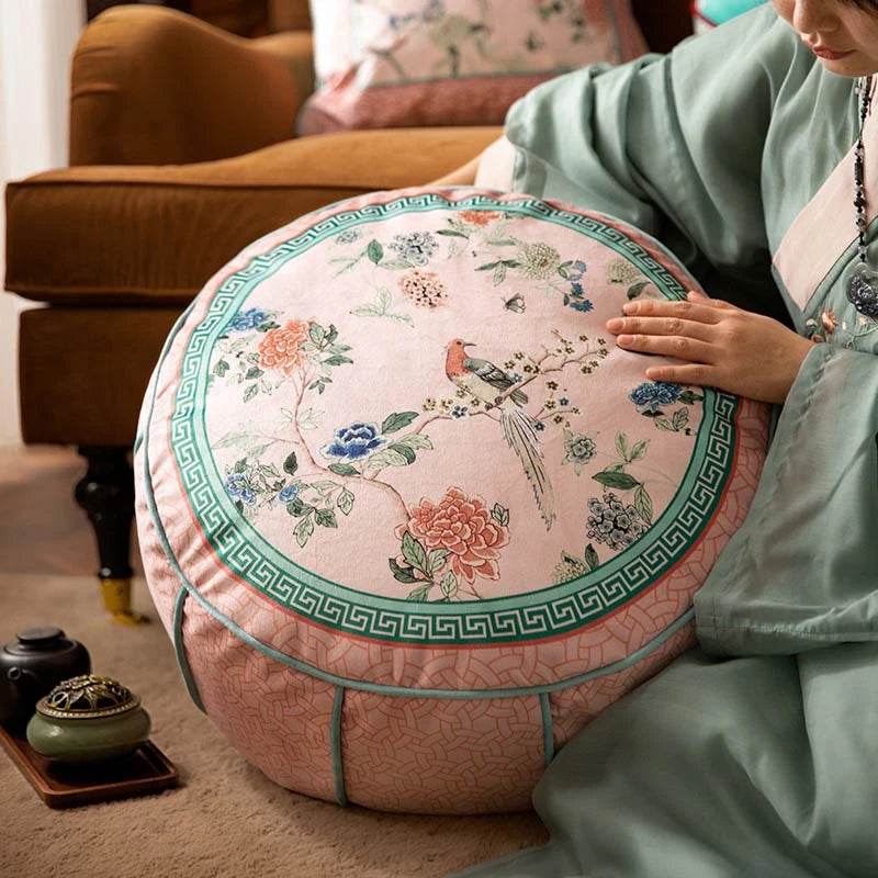 Chinoiserie Plush Powder Pink Flower Living Room Rest Pouf - SinoCultural -- B48J0015-C