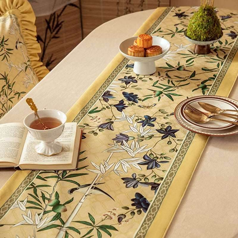 Chinoiserie Traditional Autumn Orchids Yellow Table Runner - SinoCultural