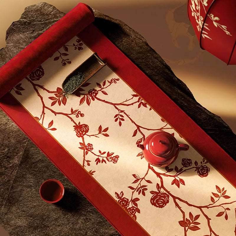Chinoiserie Wedding Luxe Flower and Bird Red Table Runner - SinoCultural -- TR003RW160