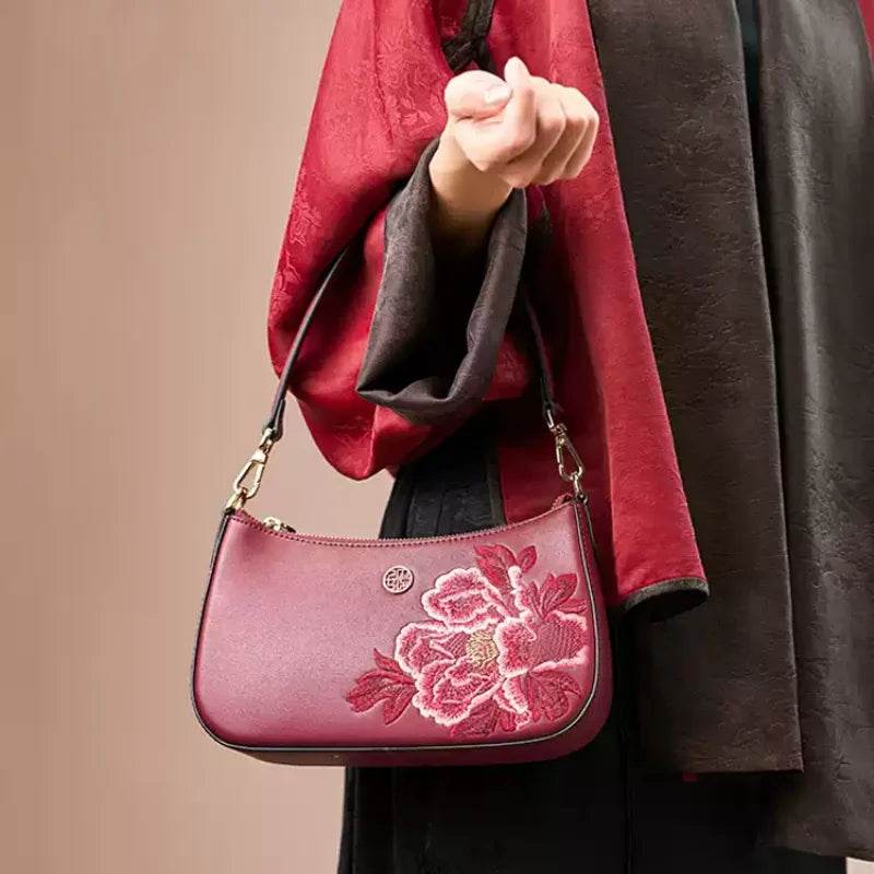 Embroidery Leather Red Shoulder Bag Peony Women's Hobo Handbag - SinoCultural -- P220212-1