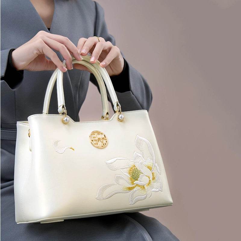 Embroidery Leather White Crossbody Tote Bag Lotus Luxury Gift - SinoCultural -- P120279 -
