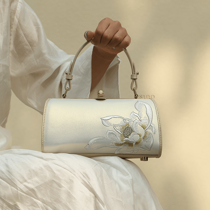 Embroidery Leather White Shoulder Bag Lotus Elegant Handbag - SinoCultural -- P120312 -