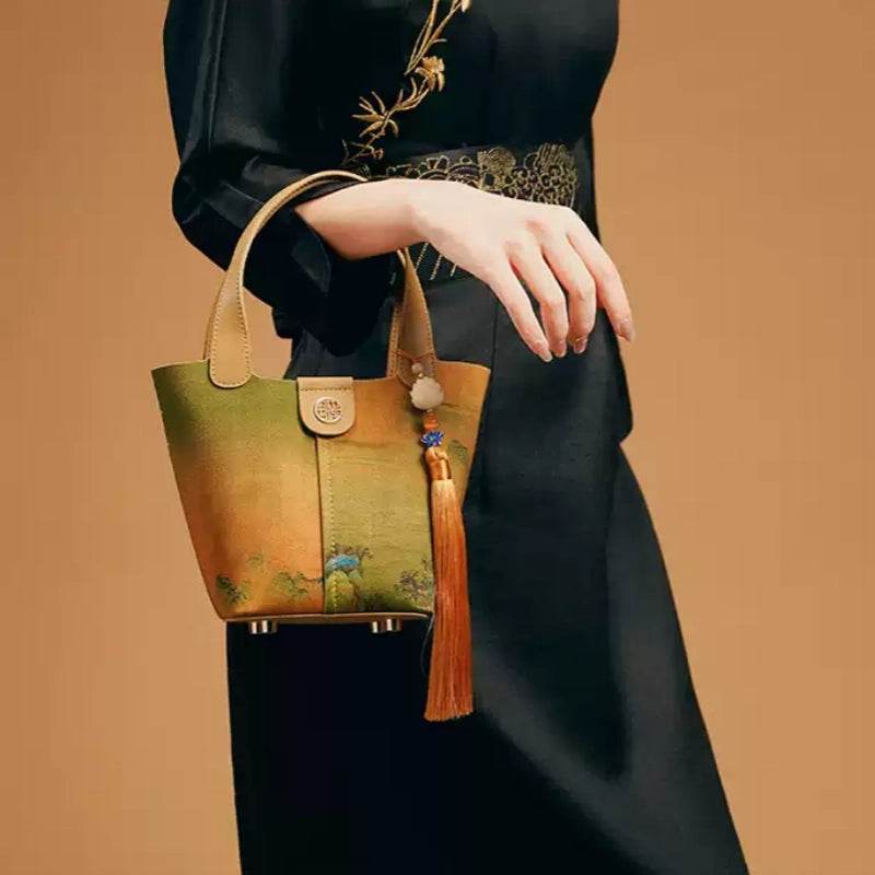 Chinese Painting Mulberry Silk Traditional Gold Basket Bag - SinoCultural -- P170090