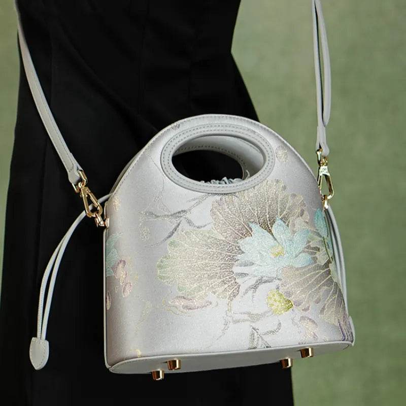 Printed Jacquard Lotus Gray Drawstring Bucket Bag - SinoCultural