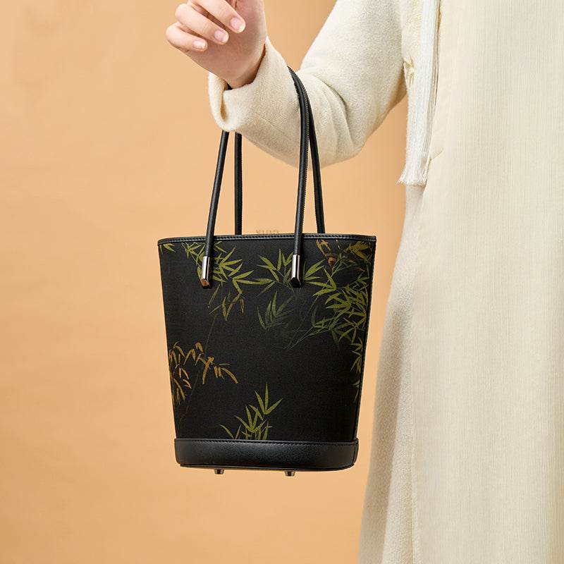 Xiangyunsha Silk Black Bamboo Print Crossbody Bucket Bag - SinoCultural -- P110608 -