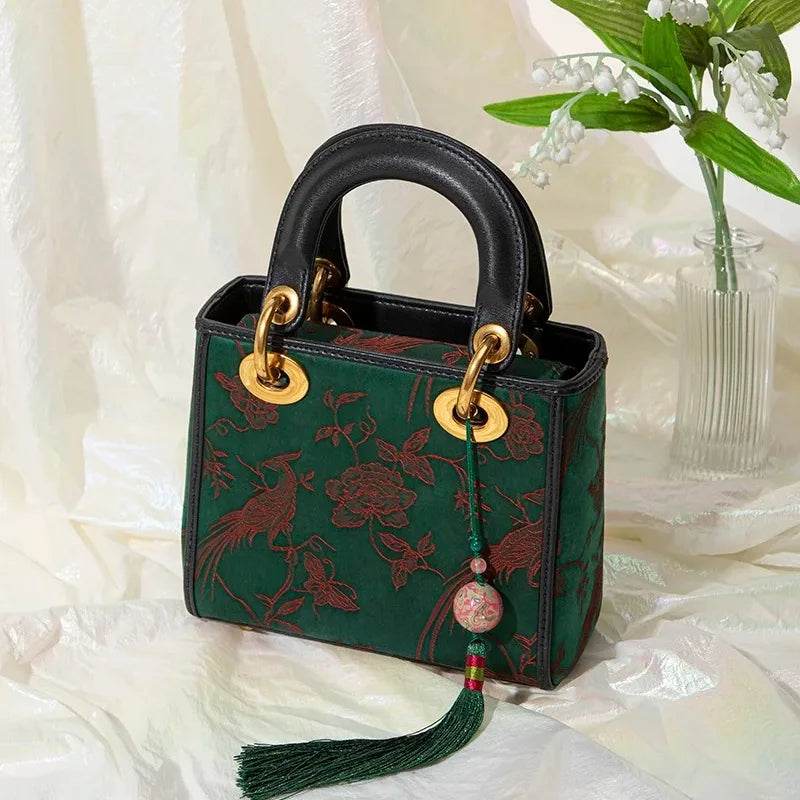 Xiangyunsha Silk Green Retro Cowhide Handbag with Pendant - SinoCultural -- KM-0126-S3