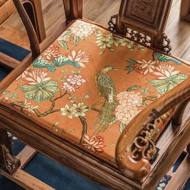Chinoiserie Mountain Hydrangea Short Plush Wooden Chair Cushion - SinoCultural -- SC003A38 -