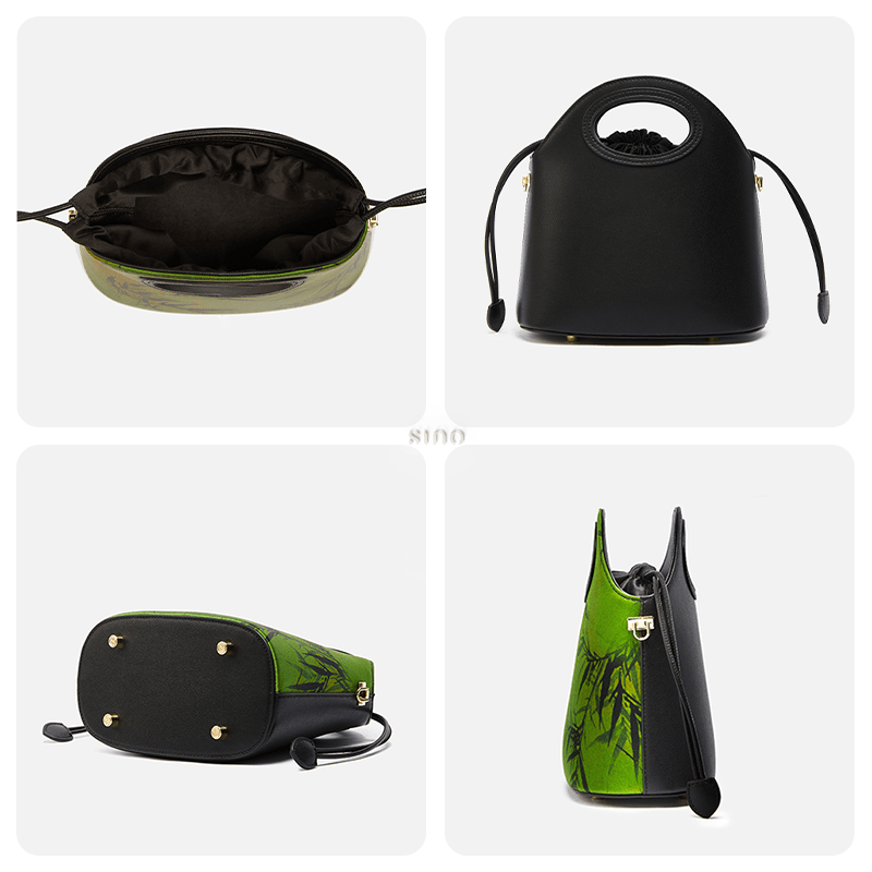 Xiangyunsha Silk Bamboo Green Drawstring Bucket Bag - SinoCultural -- YS120670-2 -